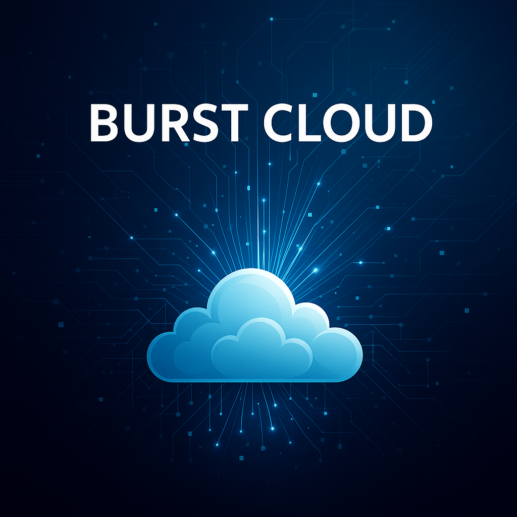 A glowing blue cloud emitting digital rays on a dark background, symbolizing the Burst Cloud technology concept.